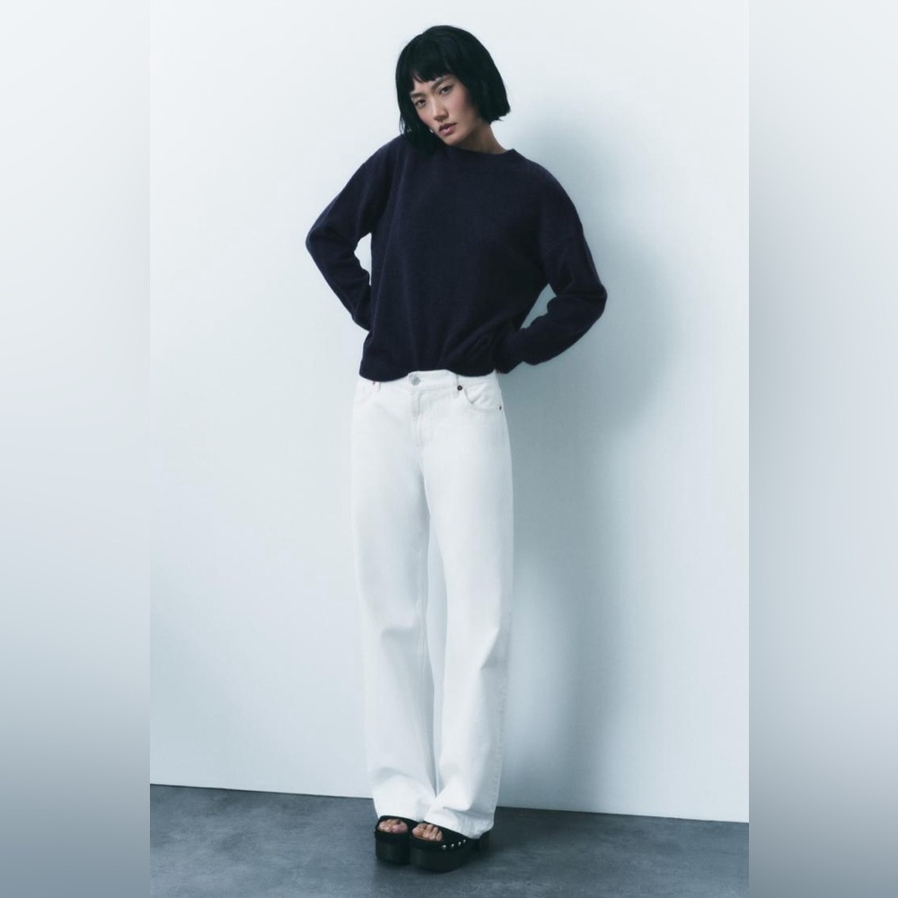 Zara Cashmere Navy Crewneck Sweater